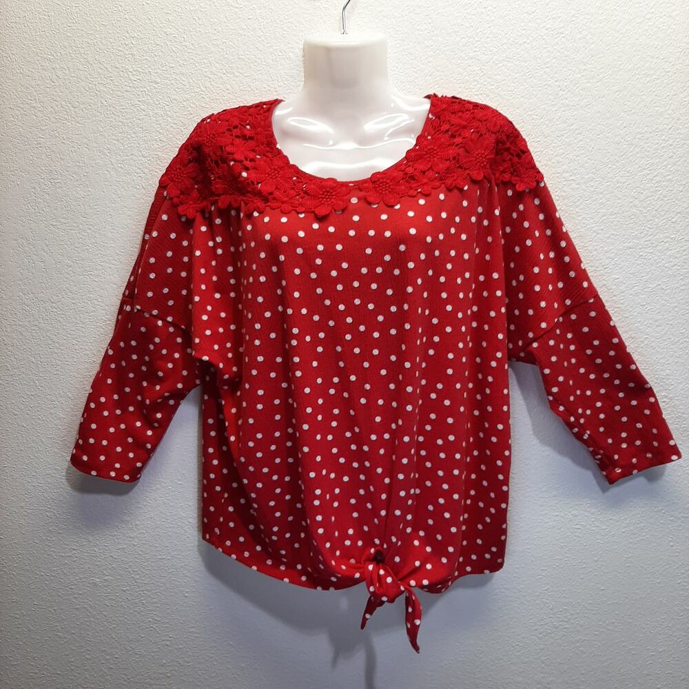 ELLE Red and White Polka Dot Pullover Top l Size: L